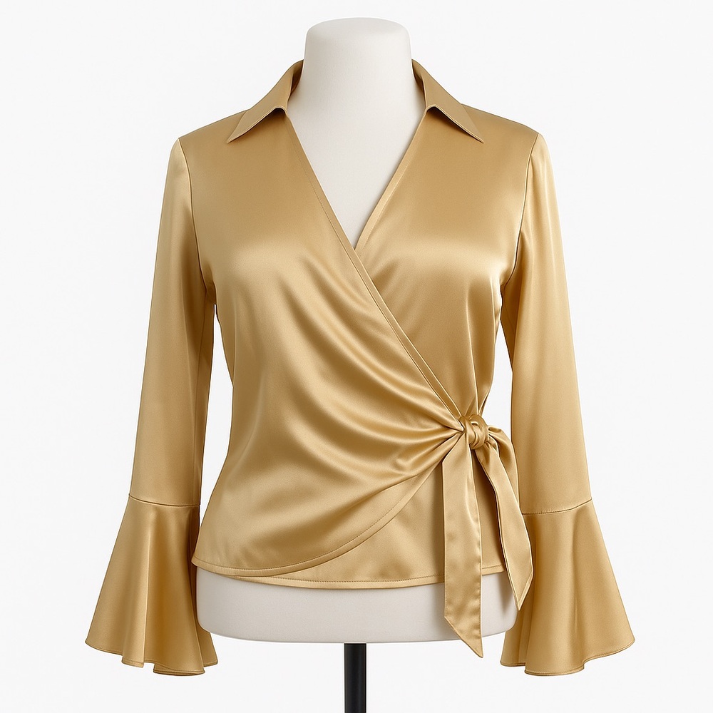 Silkland Womens Gold Wrap Blouse With Ruffle Sleeves & Tie Waist Medium